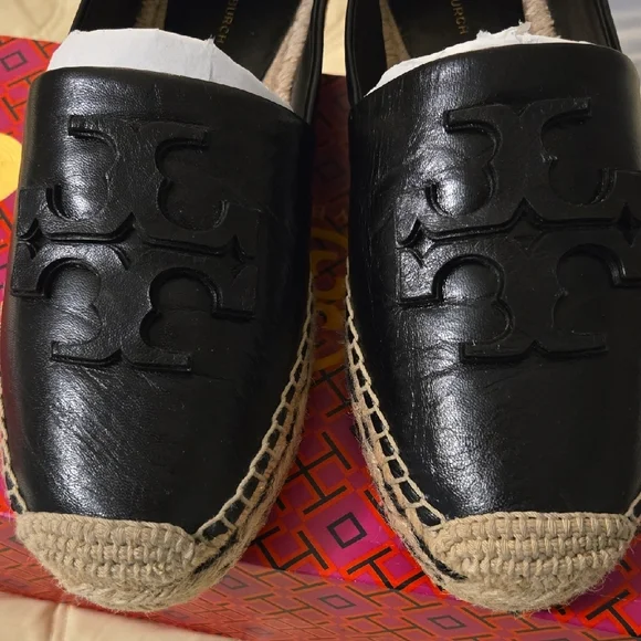 Tory Burch Black Ines Leather Platform Espadrille Slip-On Flats with Logo - Picture 8 of 8